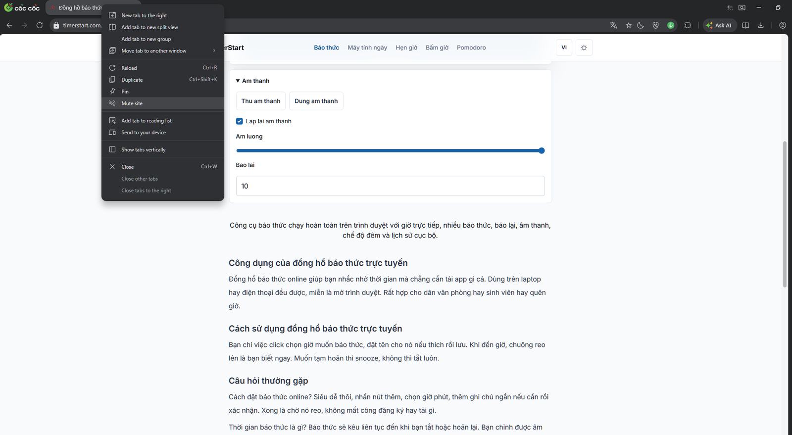 Menu chuột phải của trình duyệt với tùy chọn tắt tiếng trang web