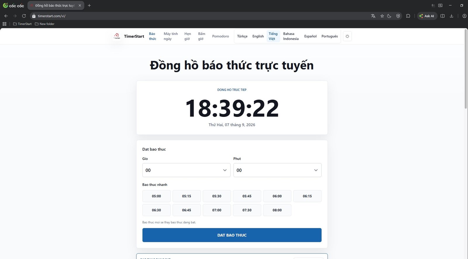 Giao diện báo thức online TimerStart trên trình duyệt Cốc Cốc