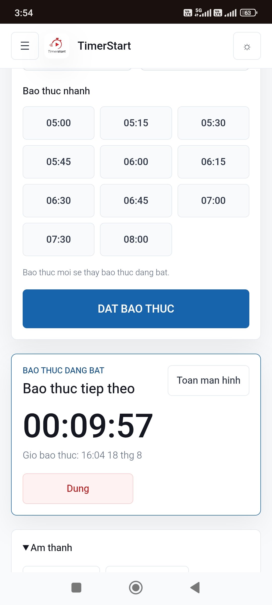Báo thức đang bật và thời gian còn lại trên TimerStart