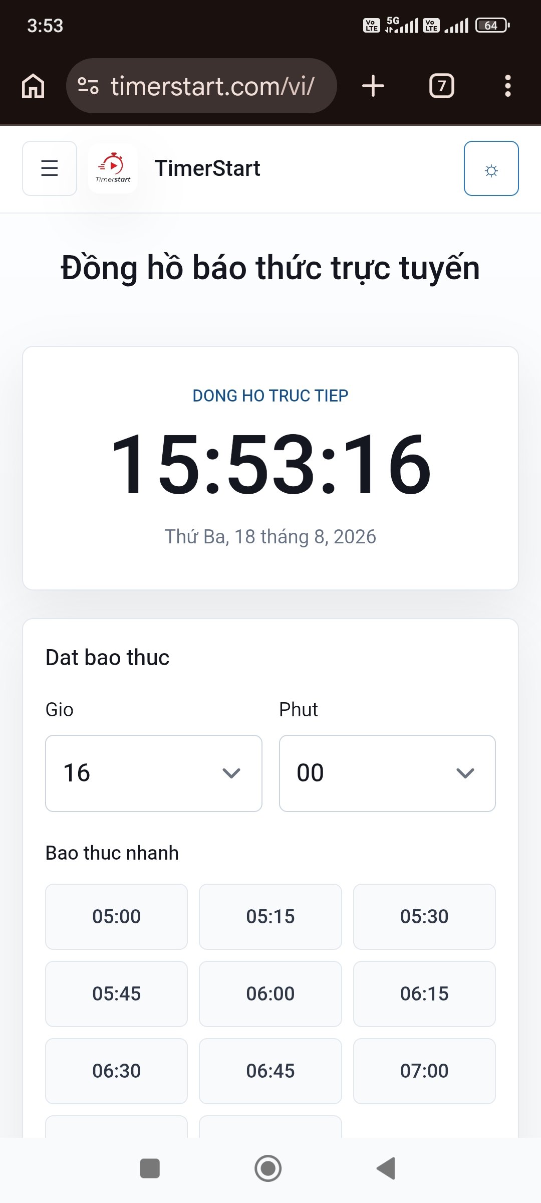 Đặt giờ và phút cho báo thức online trên TimerStart