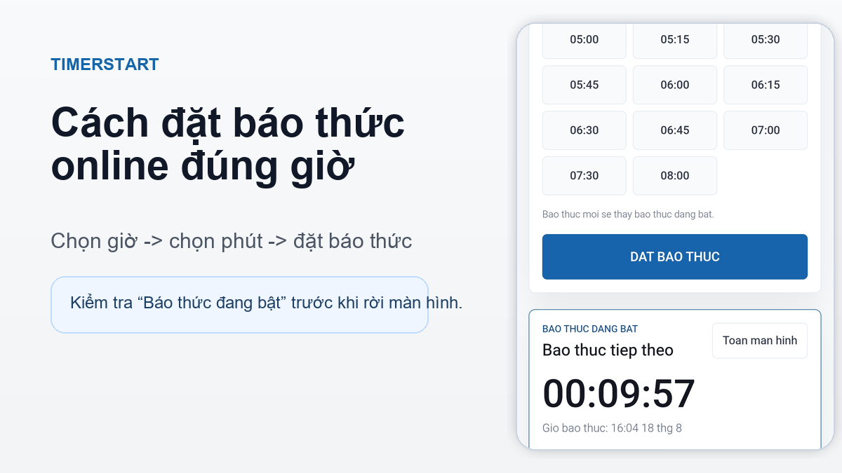 Màn hình TimerStart hiển thị báo thức online đang bật và thời gian còn lại