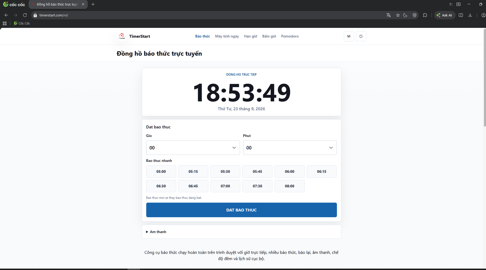Trang đồng hồ báo thức online TimerStart mở trên trình duyệt máy tính