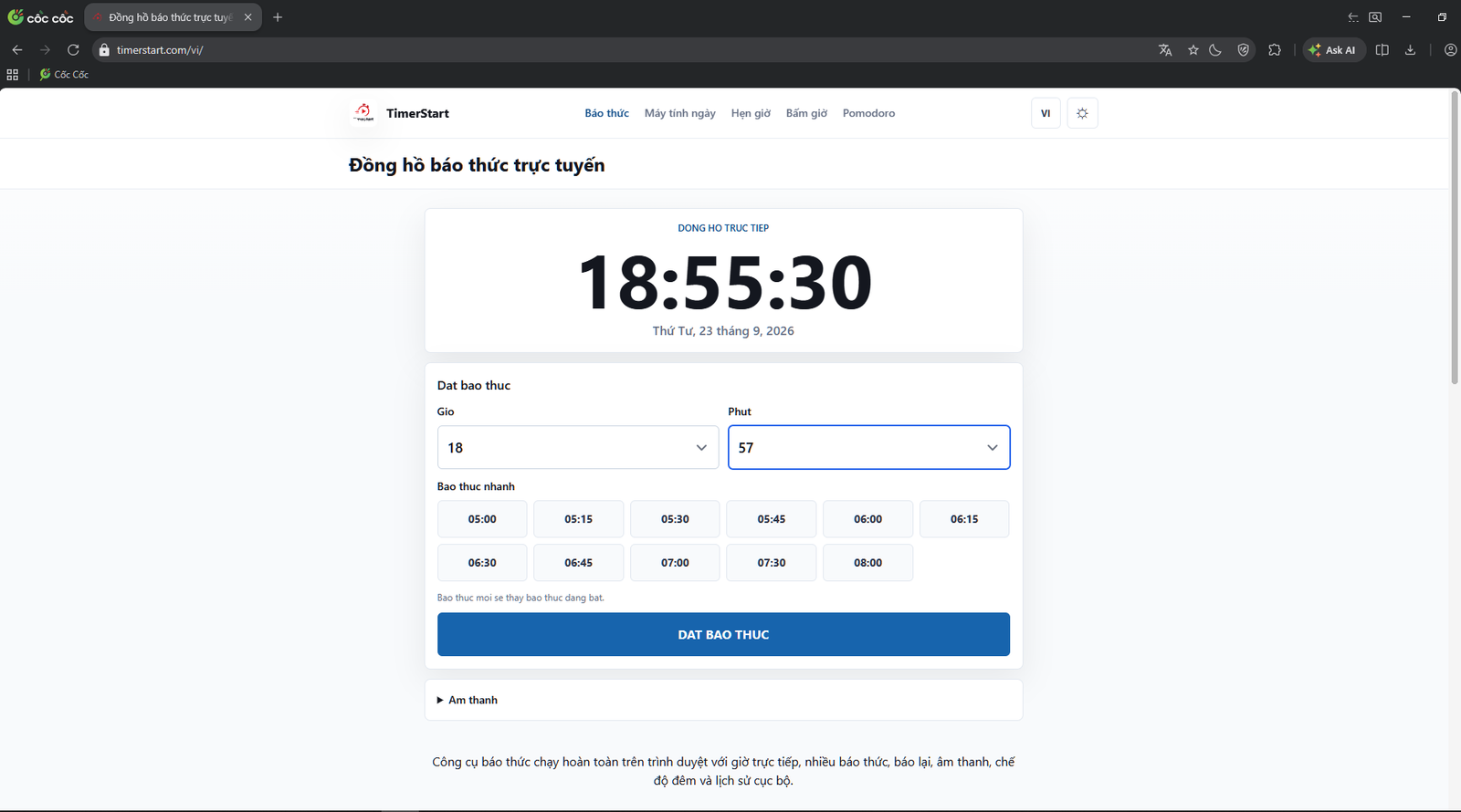 Chọn giờ và phút trong công cụ báo thức online TimerStart