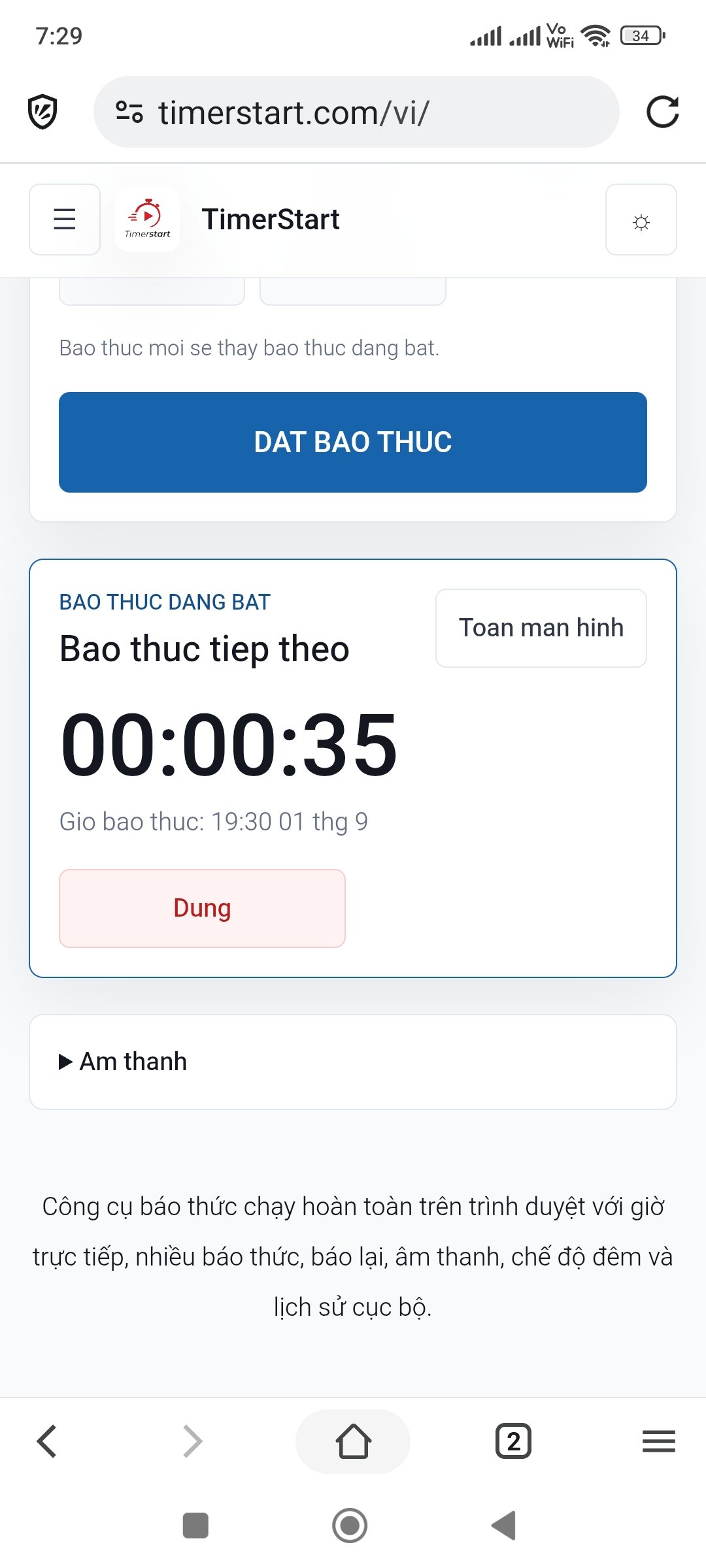 Khung báo thức đang bật trước khi chuông TimerStart kêu