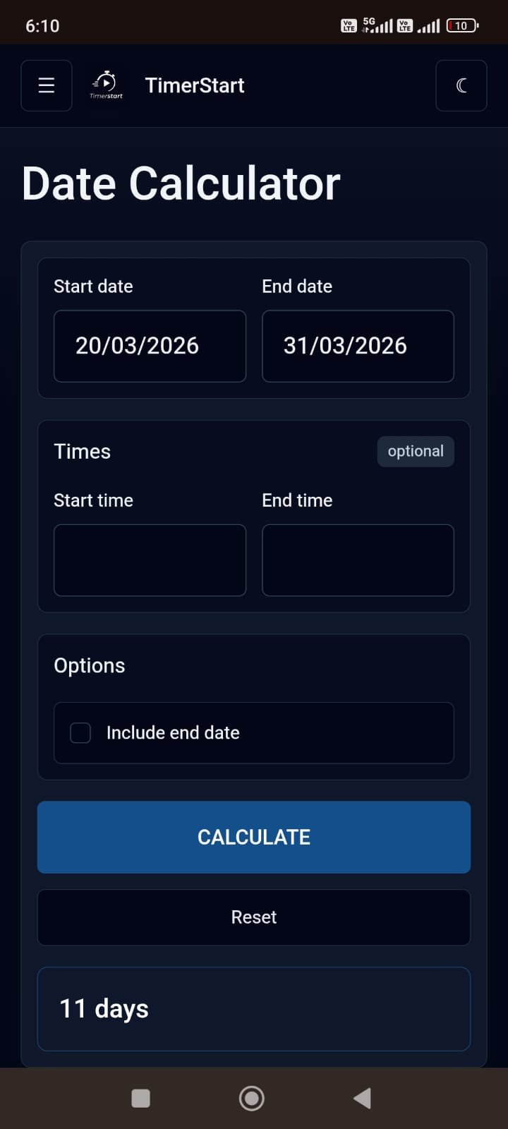 TimerStart date calculator showing March 20, 2026 to March 31, 2026 result as 11 days