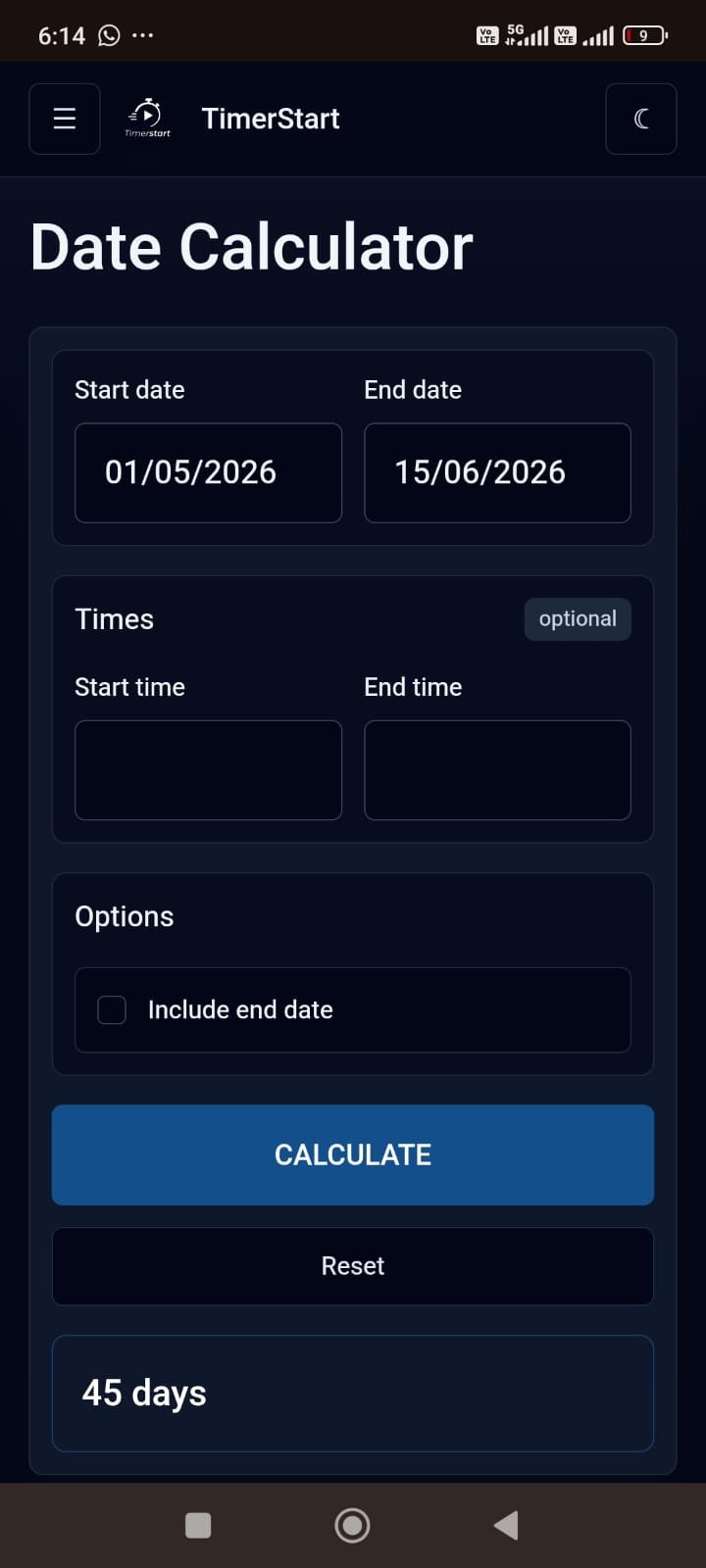 TimerStart date calculator showing May 1, 2026 to June 15, 2026 result as 45 days