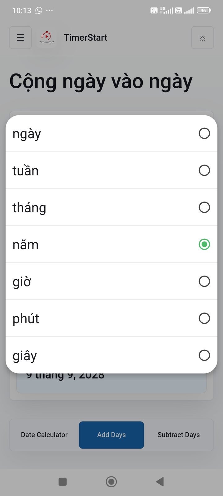 Danh sách đơn vị ngày, tuần, tháng, năm, giờ, phút, giây trên TimerStart