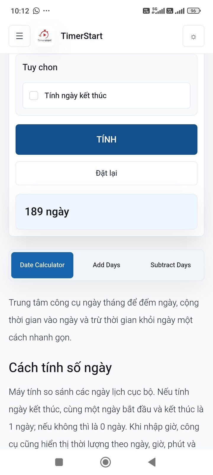 Kết quả 189 ngày giữa hai mốc trên Máy tính ngày TimerStart
