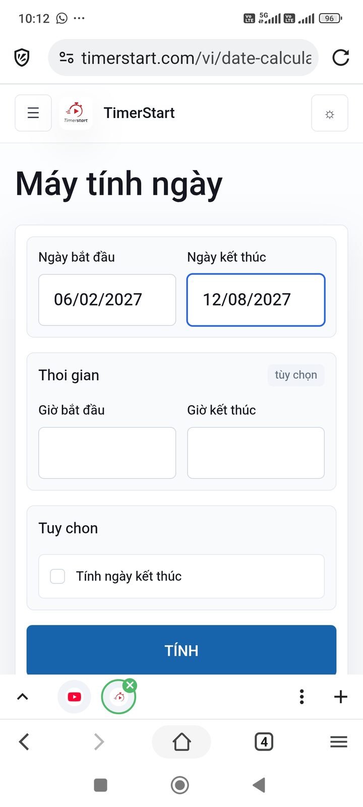 Nhập ngày bắt đầu và ngày kết thúc trên Máy tính ngày TimerStart