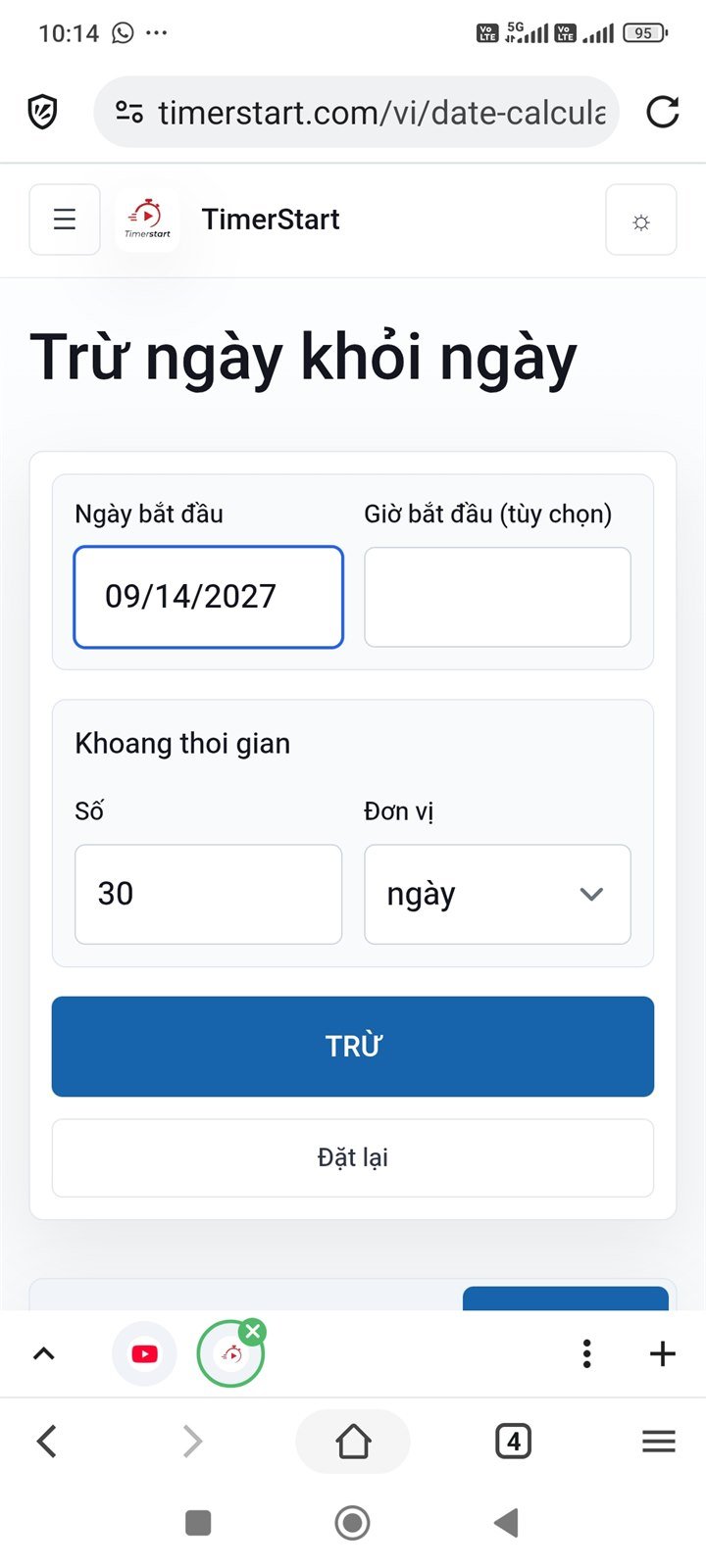 Nhập ngày bắt đầu và trừ 30 ngày trong công cụ Subtract Days của TimerStart