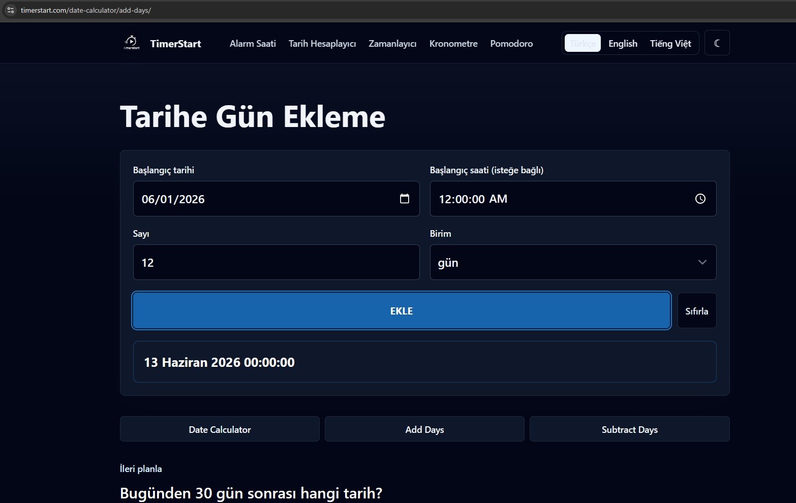 TimerStart tarihe gün ekleme aracı ekran görüntüsü