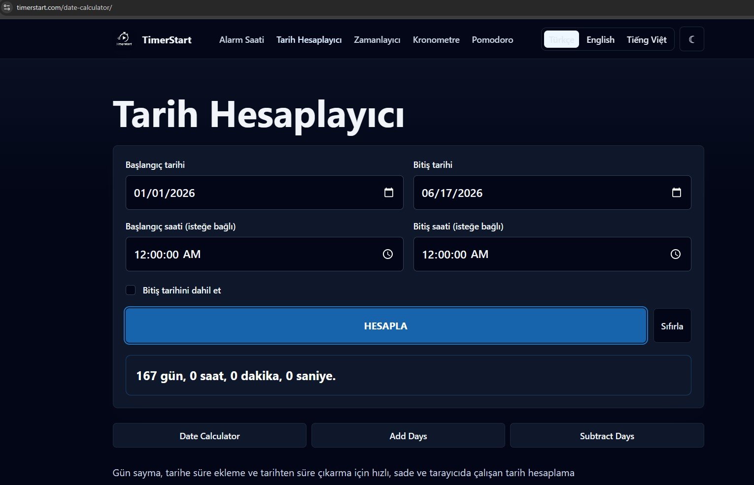TimerStart tarih hesaplayıcı ile iki tarih arasındaki gün farkı hesaplama
