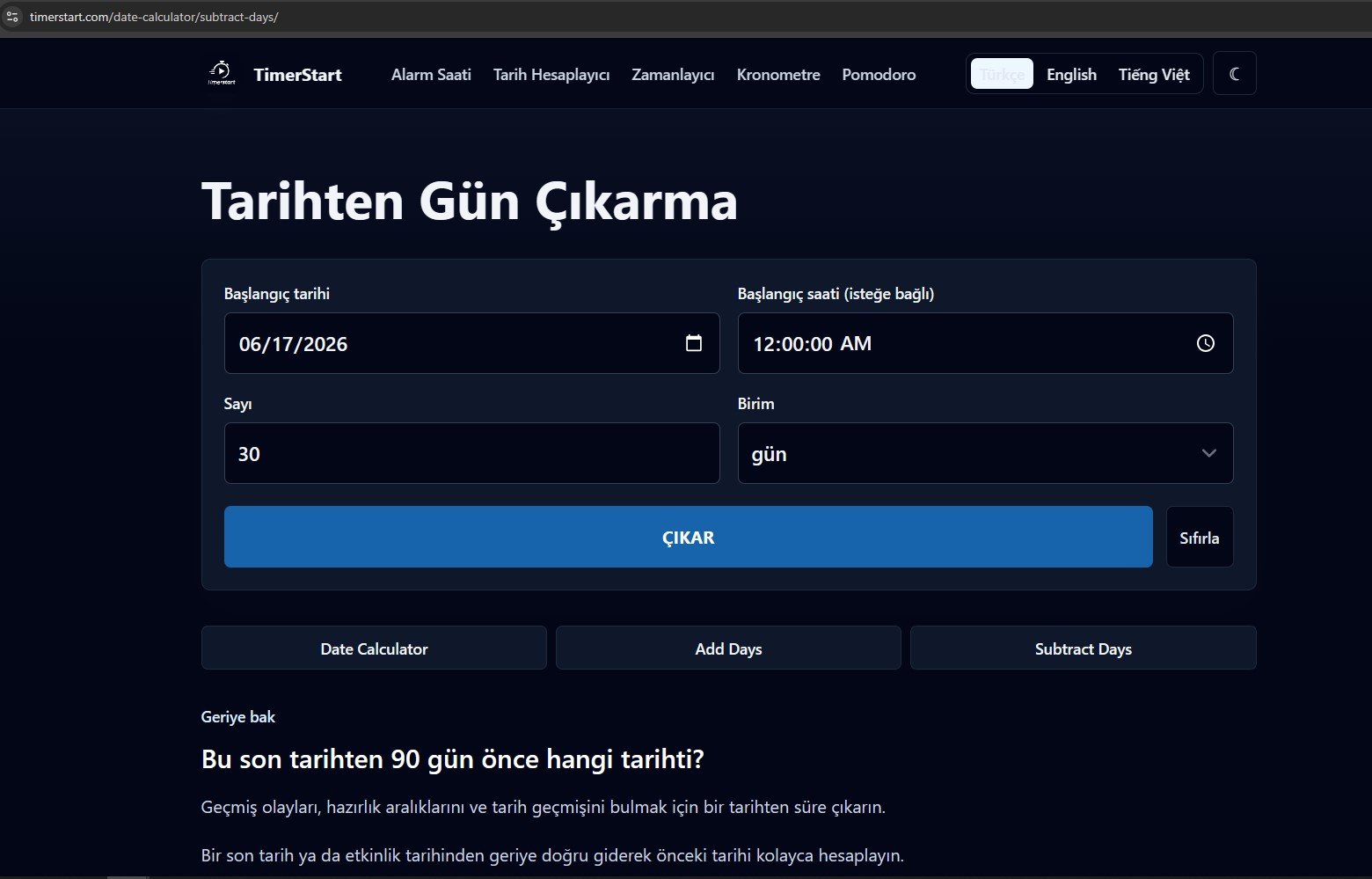 TimerStart tarihten gün çıkarma aracı ekran görüntüsü