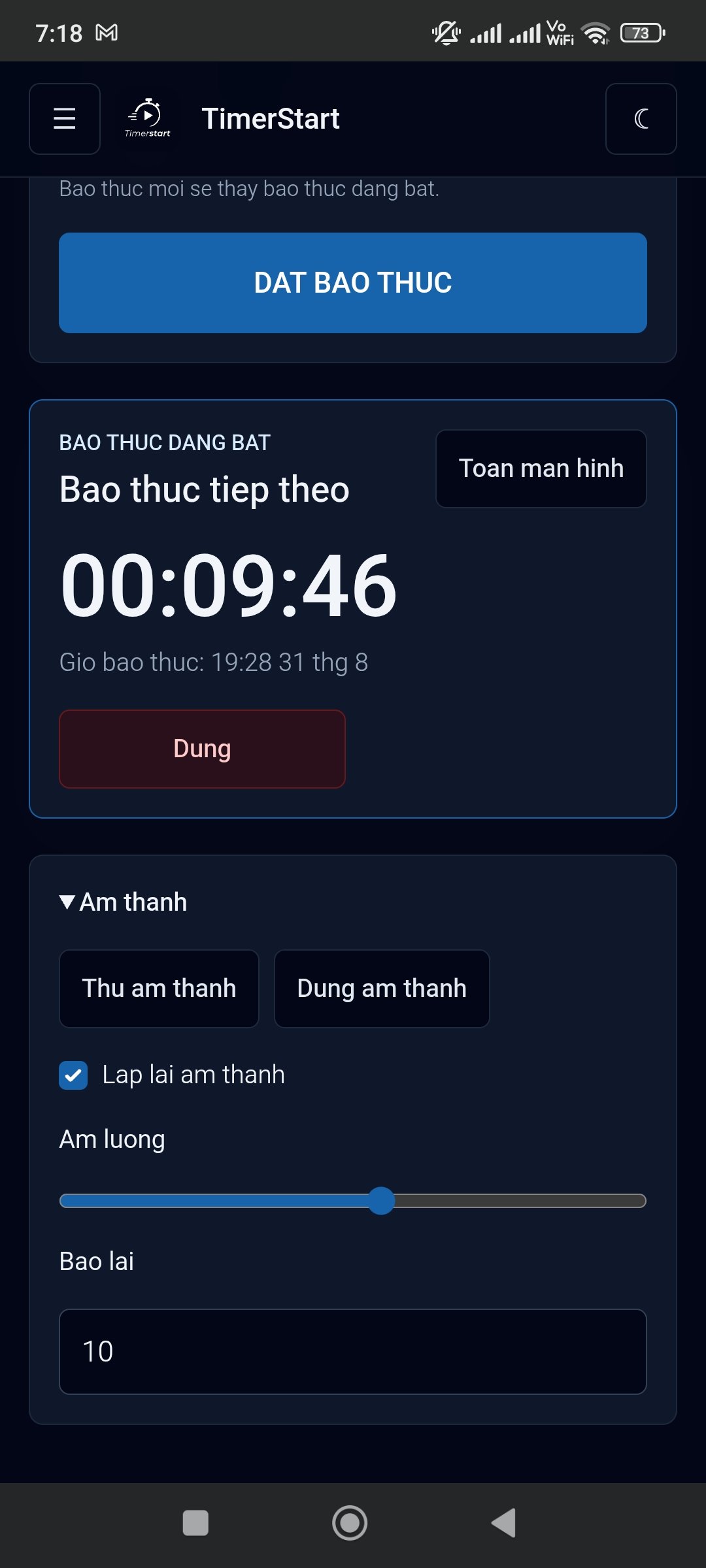 Báo thức đang bật và cài đặt âm thanh trên TimerStart