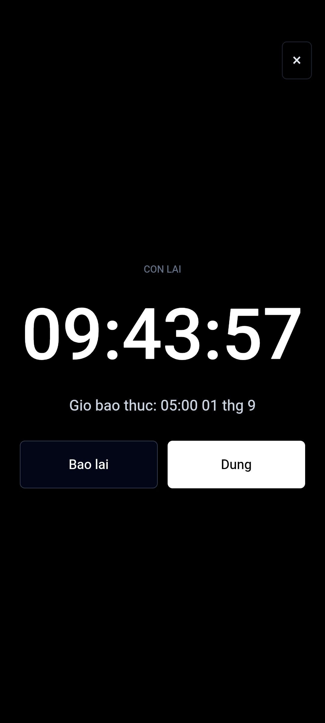 Màn hình toàn màn hình hiển thị thời gian còn lại của báo thức TimerStart