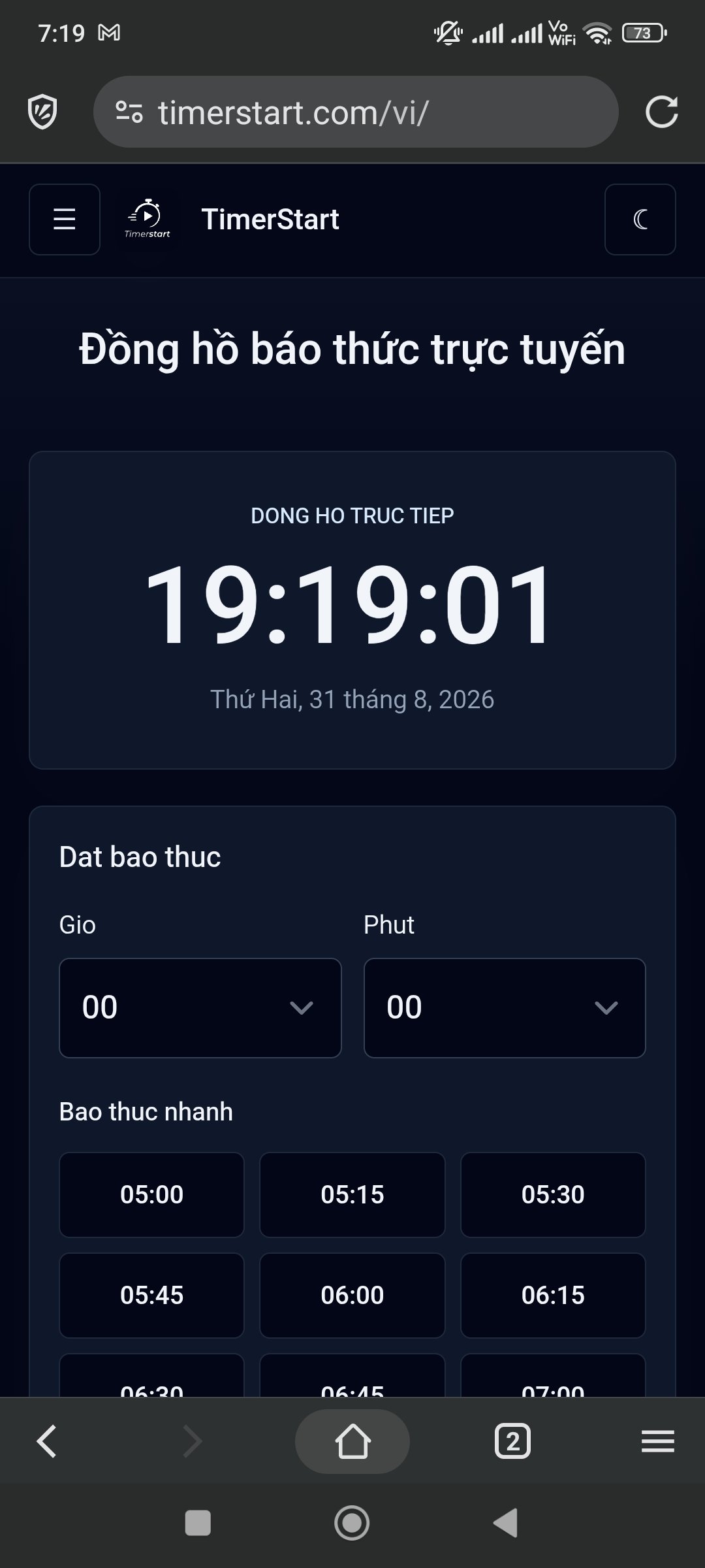 Trang đồng hồ báo thức online TimerStart tiếng Việt ở chế độ tối