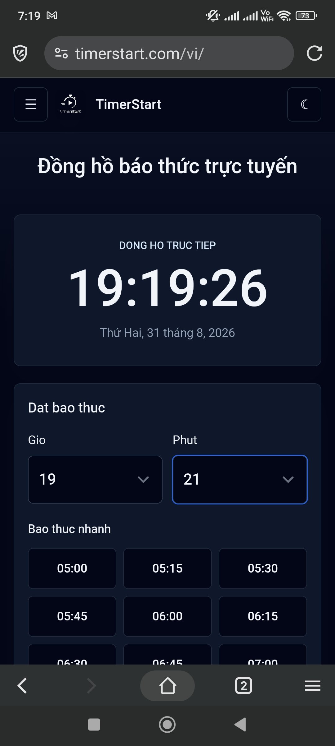 Chọn giờ và phút cho báo thức online trên TimerStart