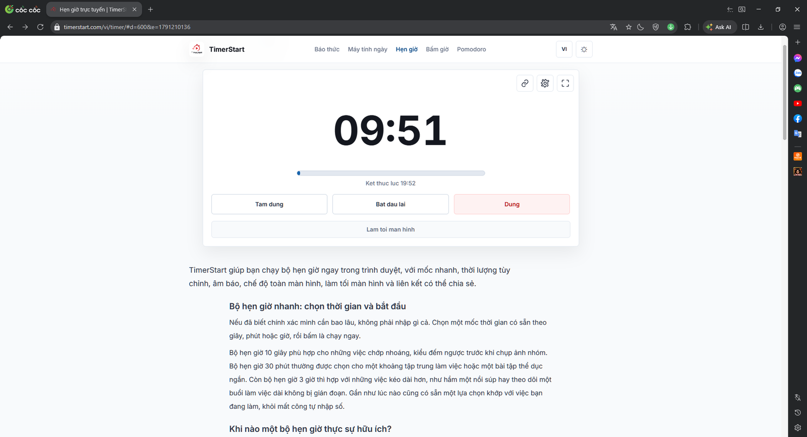 Hẹn giờ 10 phút online trên TimerStart đang đếm ngược