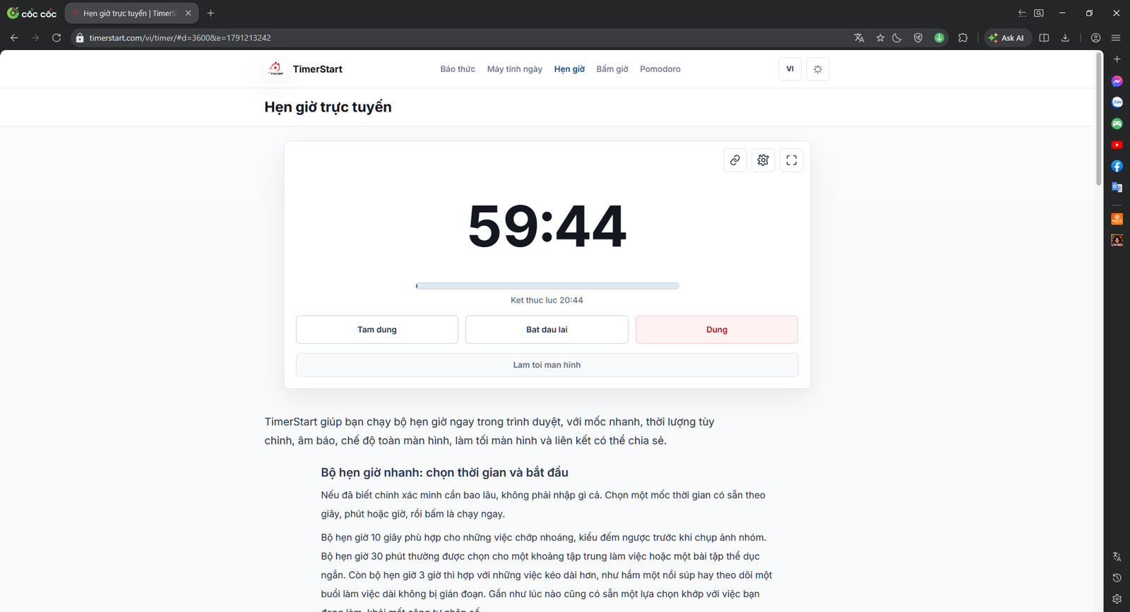 Hẹn giờ 60 phút online trên TimerStart với các nút điều khiển
