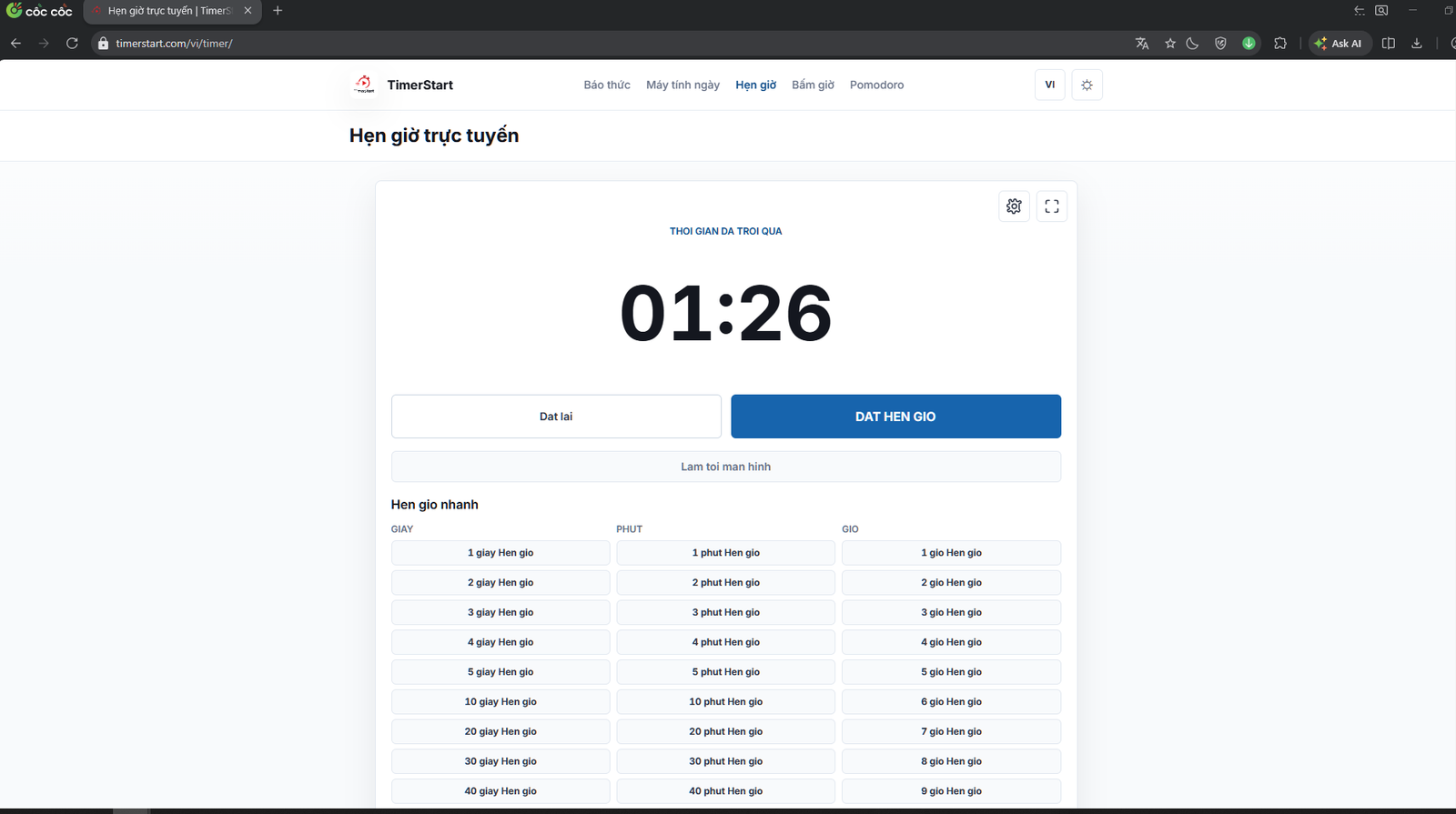 Trang hẹn giờ online TimerStart trên trình duyệt máy tính