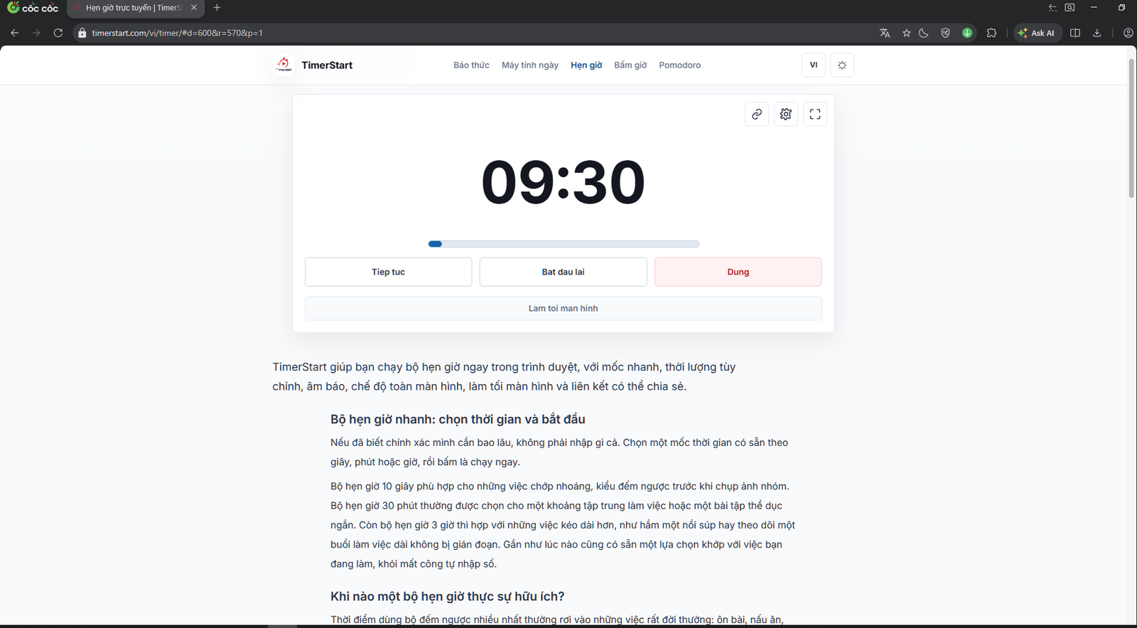 Bộ hẹn giờ online đang tạm dừng với nút Tiếp tục