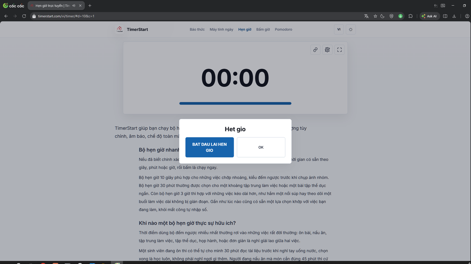 Thông báo hết giờ của bộ đếm ngược TimerStart