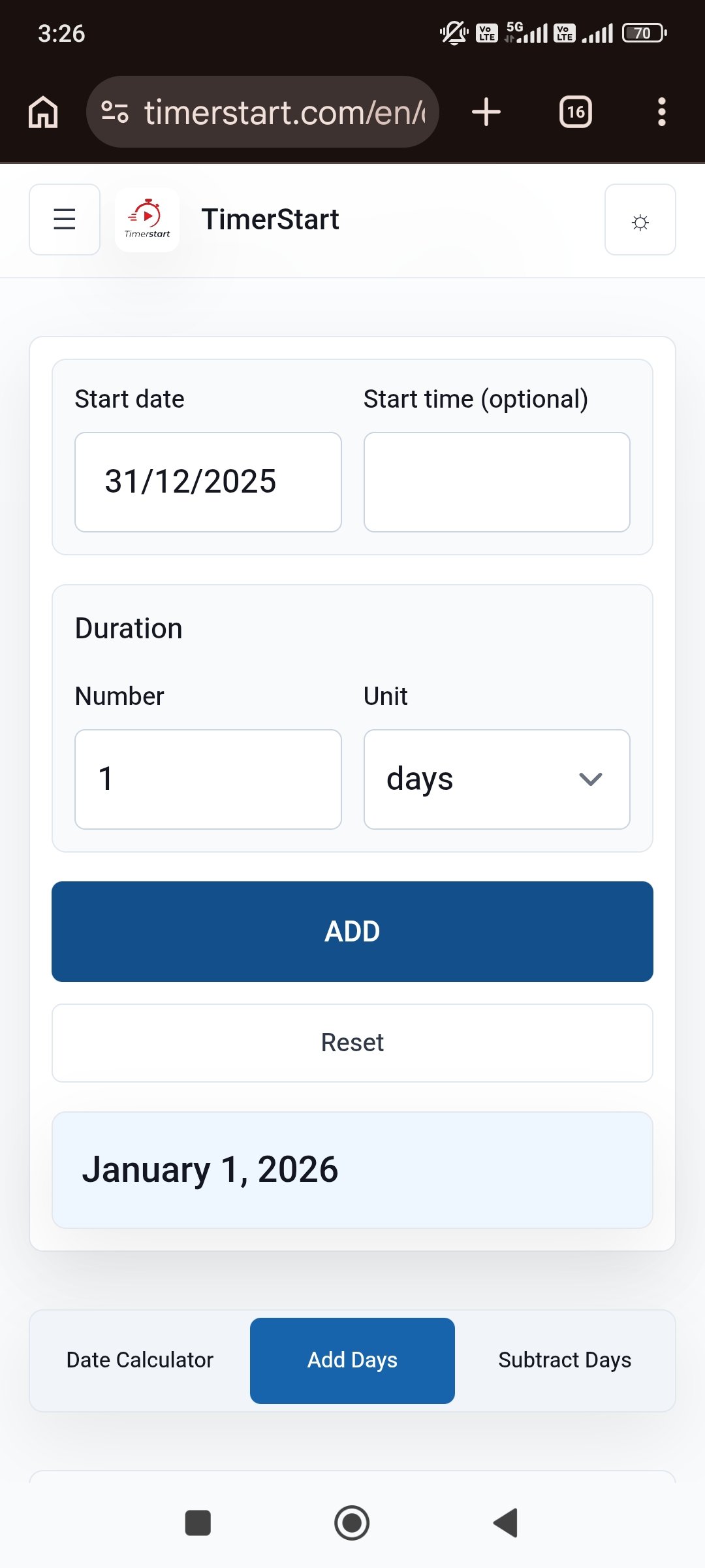 TimerStart Add Days calculator showing December 31, 2025 plus 1 day result as January 1, 2026