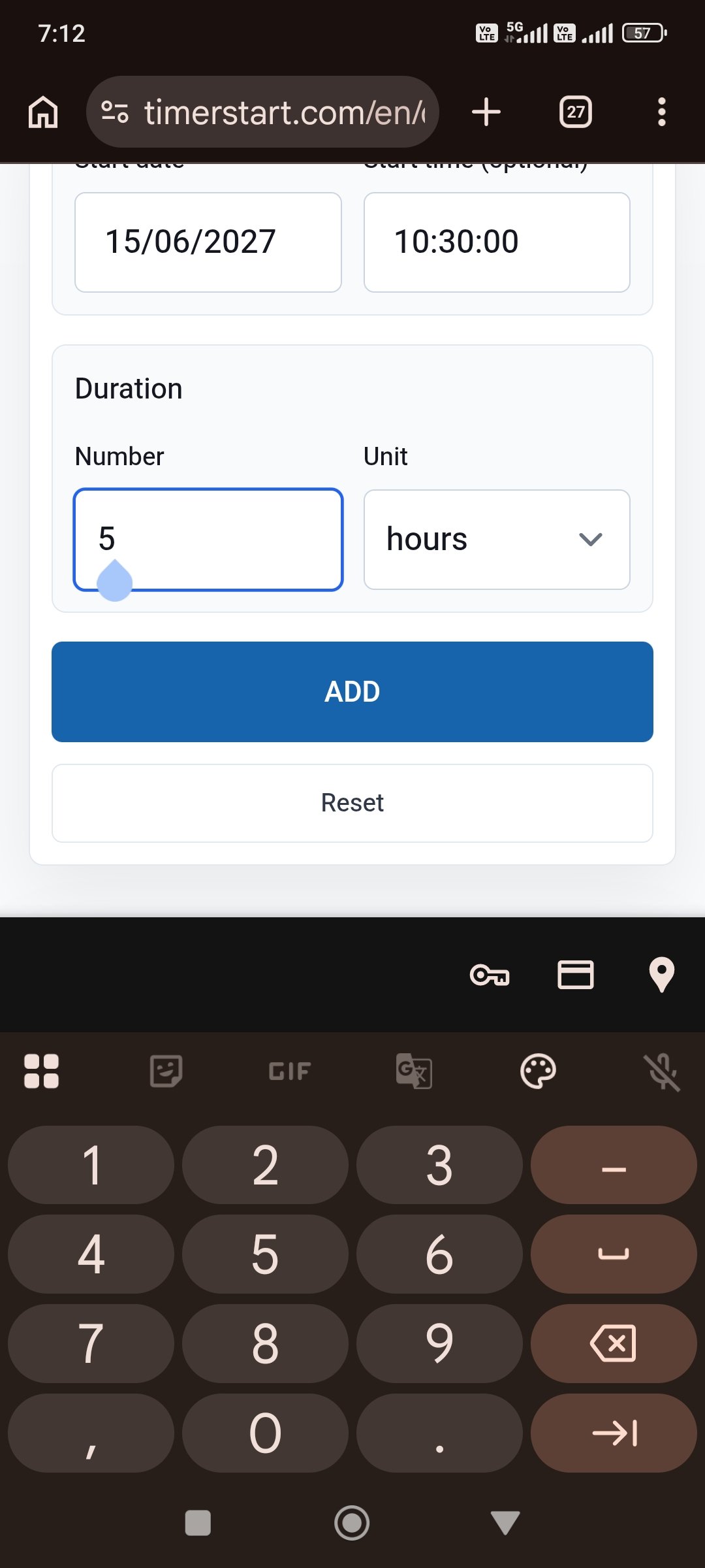 TimerStart Add Days calculator with 5 hours entered
