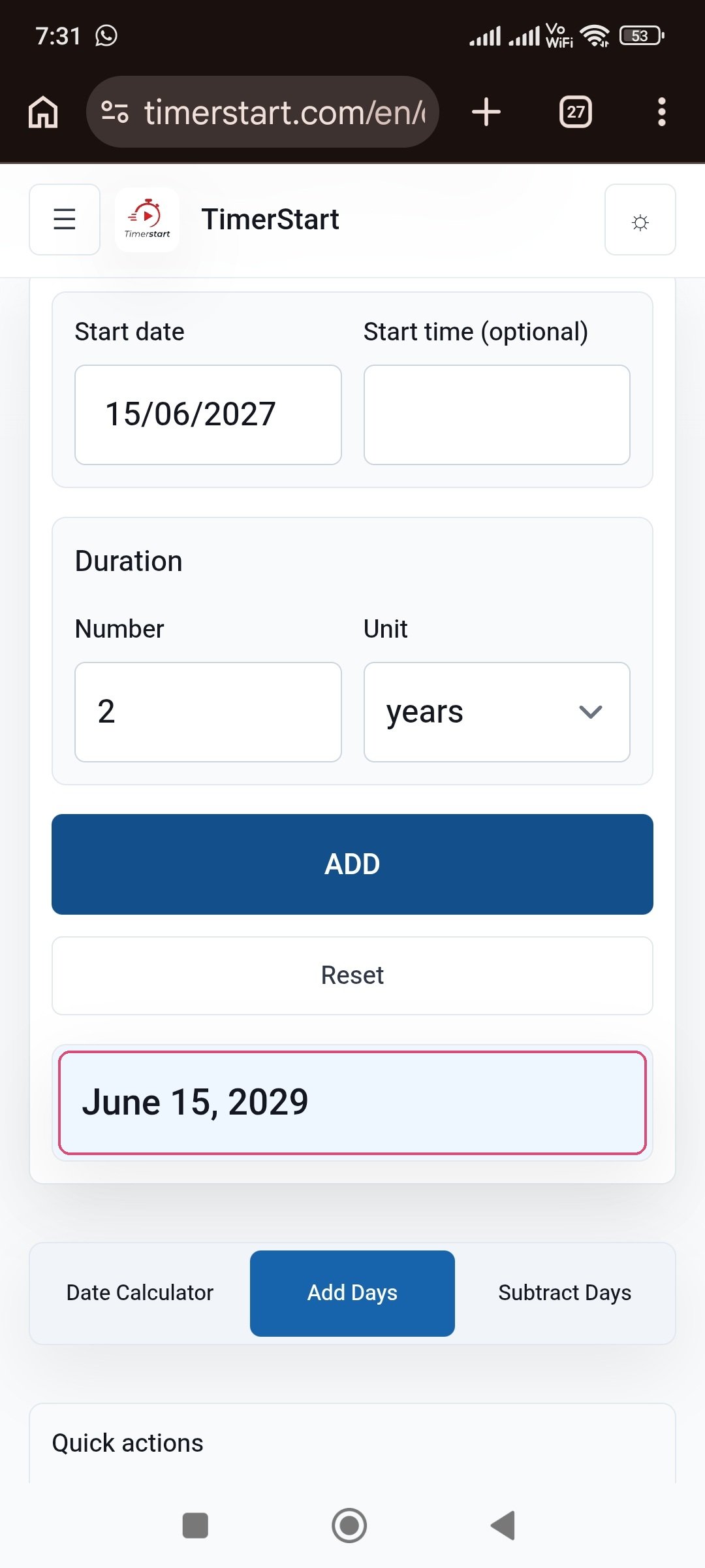 TimerStart Add Days calculator showing June 15, 2027 plus 2 years result as June 15, 2029