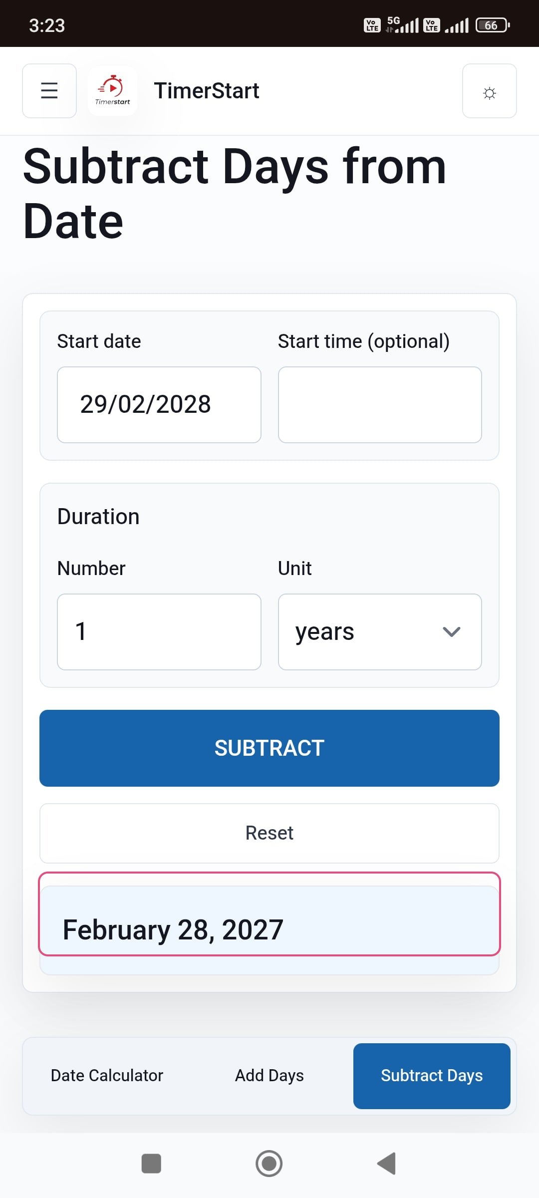 TimerStart Subtract Days calculator showing February 29, 2028 minus 1 year result as February 28, 2027