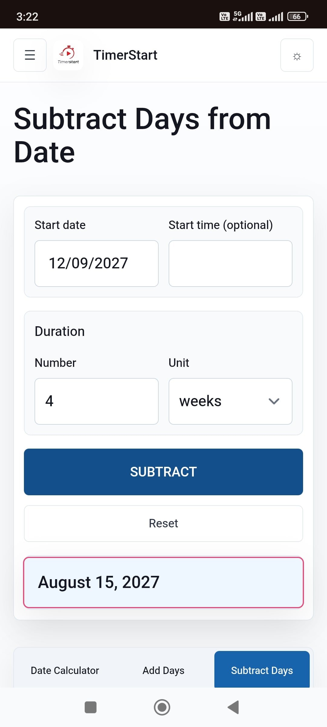 TimerStart Subtract Days calculator showing September 12, 2027 minus 4 weeks result as August 15, 2027