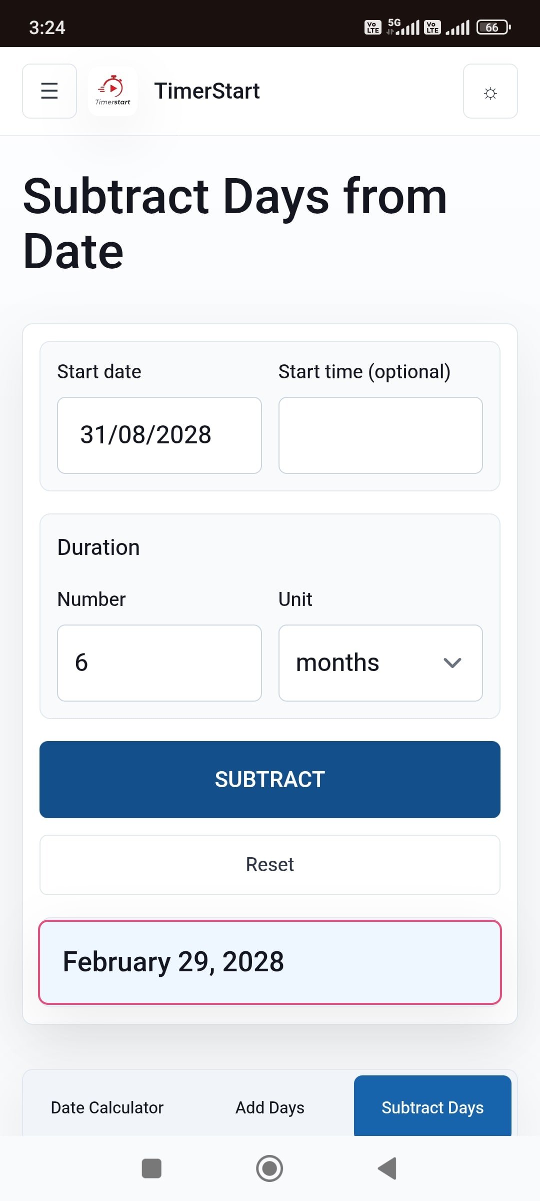 TimerStart Subtract Days calculator showing August 31, 2028 minus 6 months result as February 29, 2028