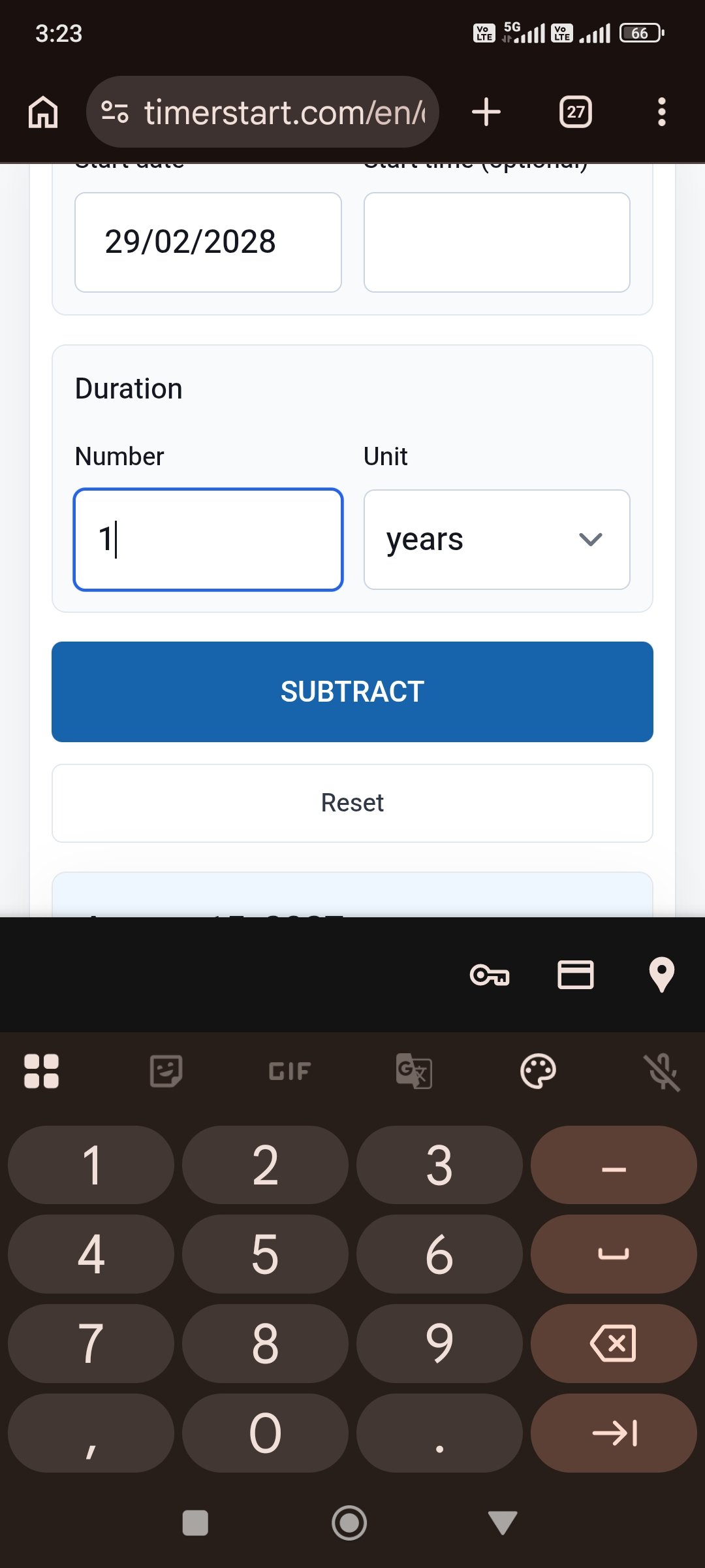 TimerStart Subtract Days calculator entering 1 as the duration number with years selected