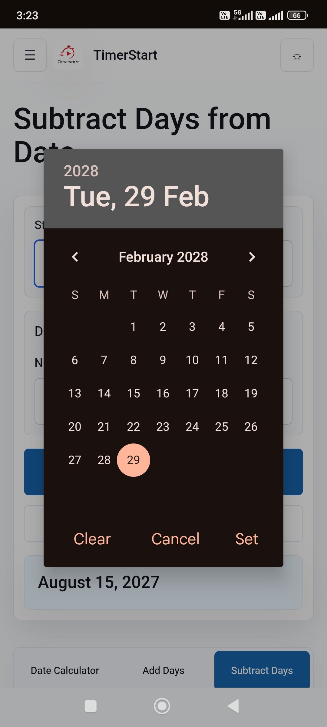TimerStart Subtract Days calculator date picker selecting February 29, 2028 as the reference date