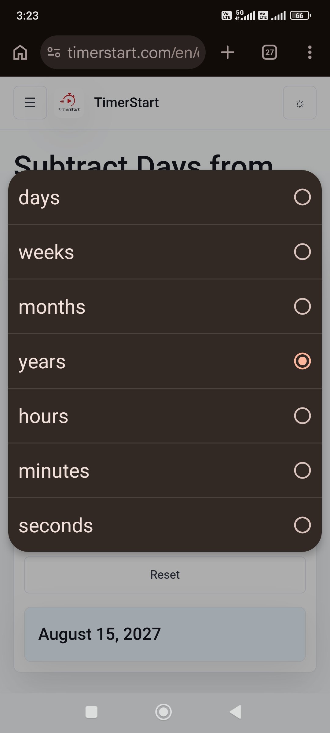 TimerStart Subtract Days calculator unit selector showing years selected