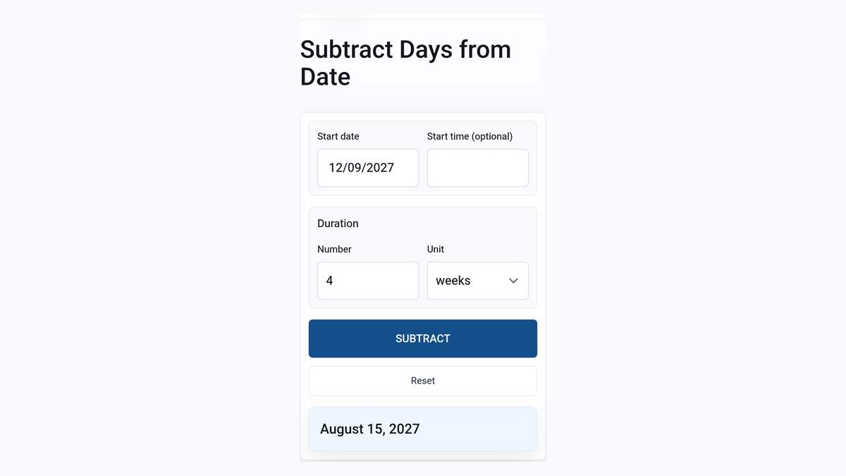 TimerStart Subtract Days calculator showing September 12, 2027 minus 4 weeks equals August 15, 2027