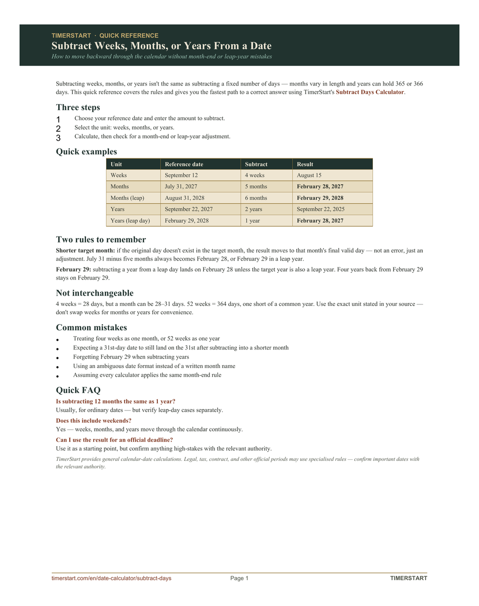 Preview of the TimerStart quick-reference guide for subtracting weeks, months, or years from a date