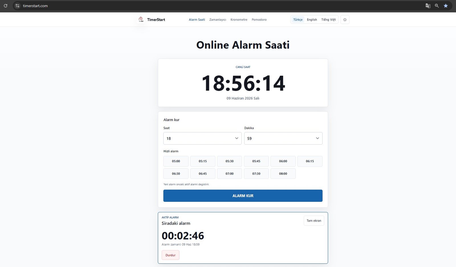 TimerStart online zamanlayıcı gündüz modu