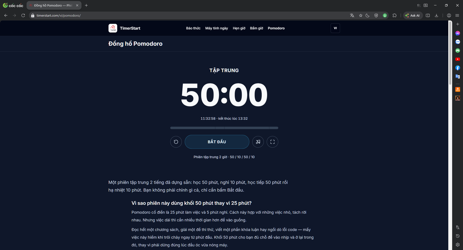 Pomodoro, trạng thái sẵn sàng: 50:00, nút Bắt đầu, giao diện tối.