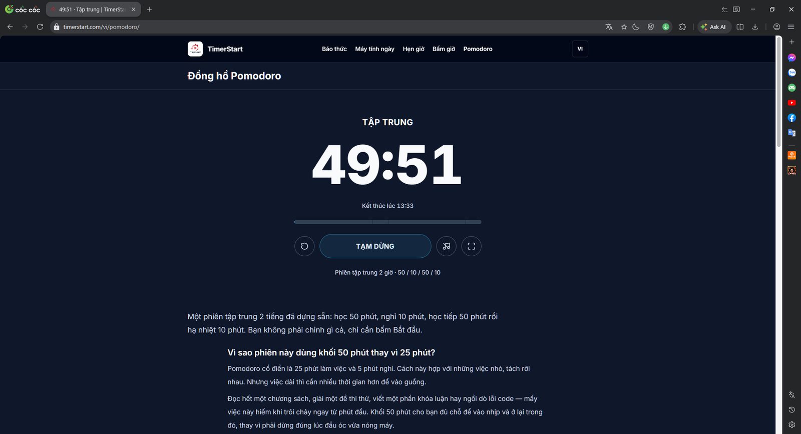 Pomodoro đang chạy: 49:51, nút Tạm dừng, kết thúc lúc 13:33.