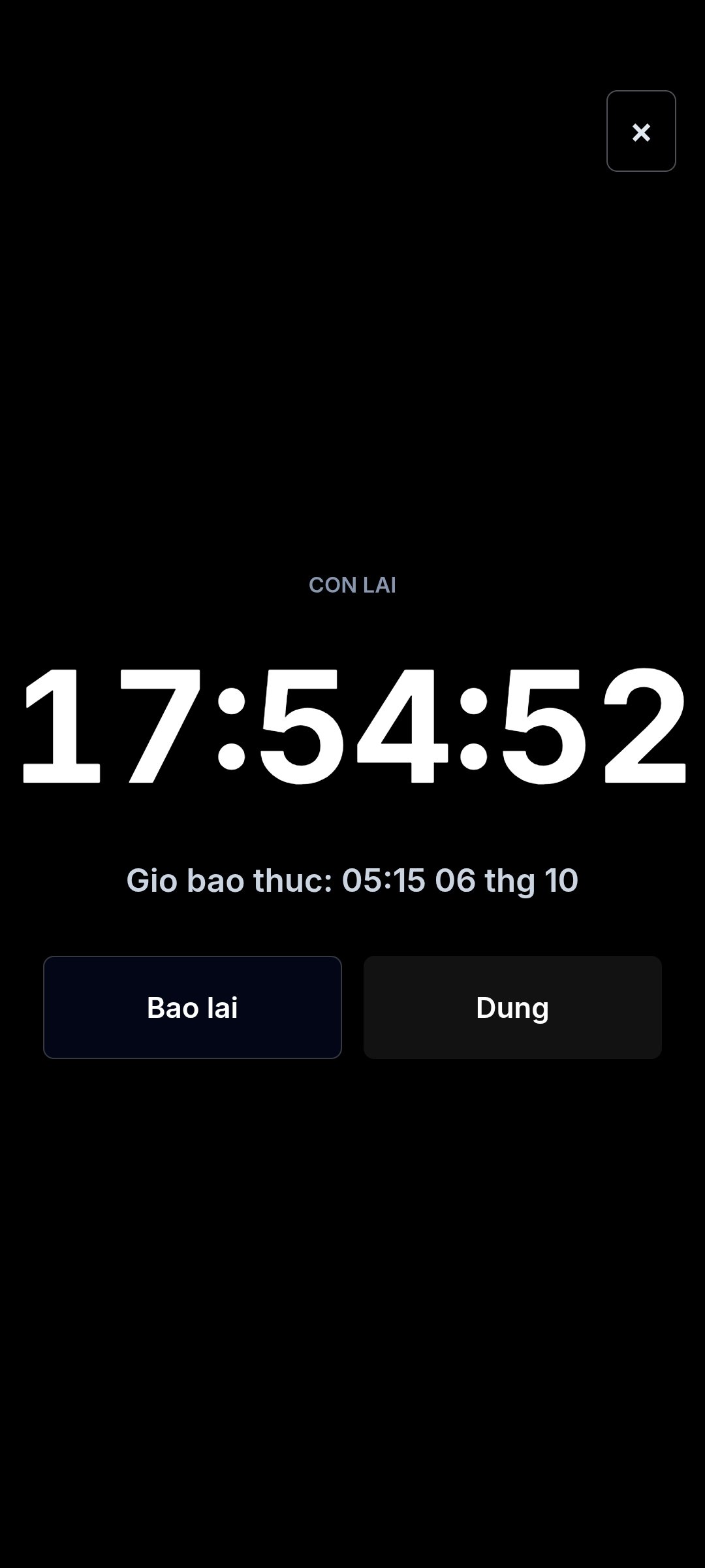 Đồng hồ báo thức: mục Âm thanh đang mở, có nút Thử âm thanh, Dừng âm thanh, ô Lặp lại âm thanh, thanh Âm lượng và ô Báo lại (10 phút).