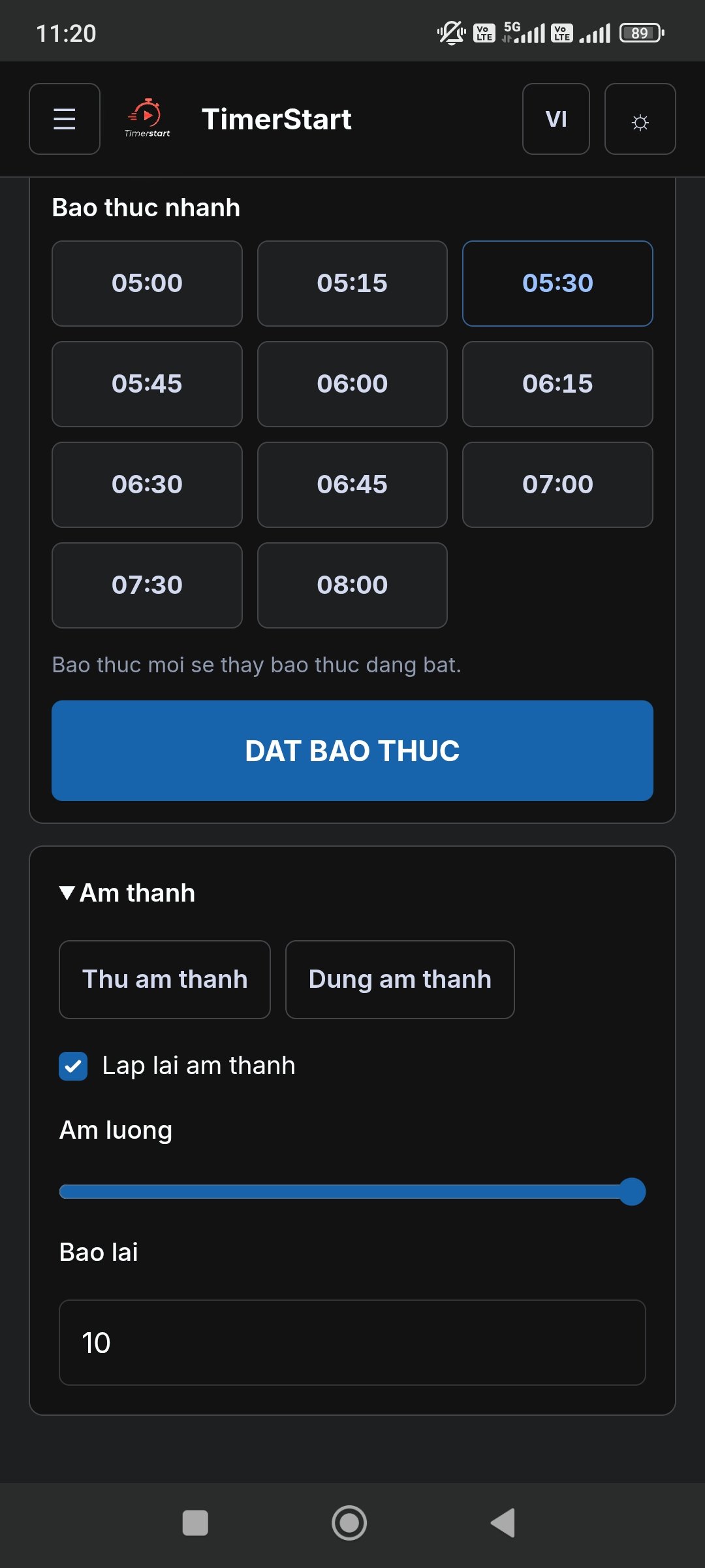 Màn hình báo thức toàn màn hình: còn lại 17:54:52, giờ báo thức 05:15 ngày 06/10, có nút Báo lại và Dừng.