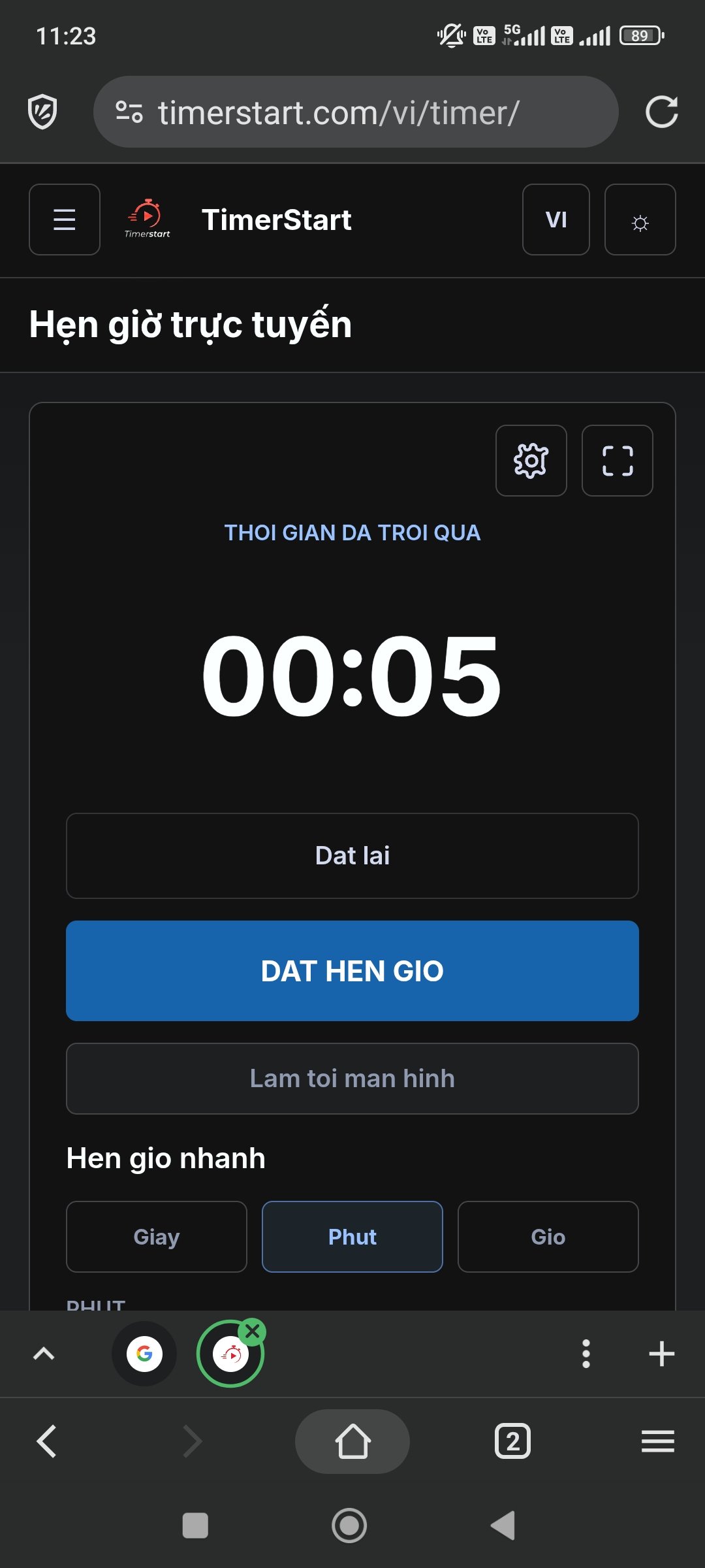 Hẹn giờ, trạng thái ban đầu: nút Đặt hẹn giờ, Làm tối màn hình và các nhóm Hẹn giờ nhanh Giây, Phút, Giờ.