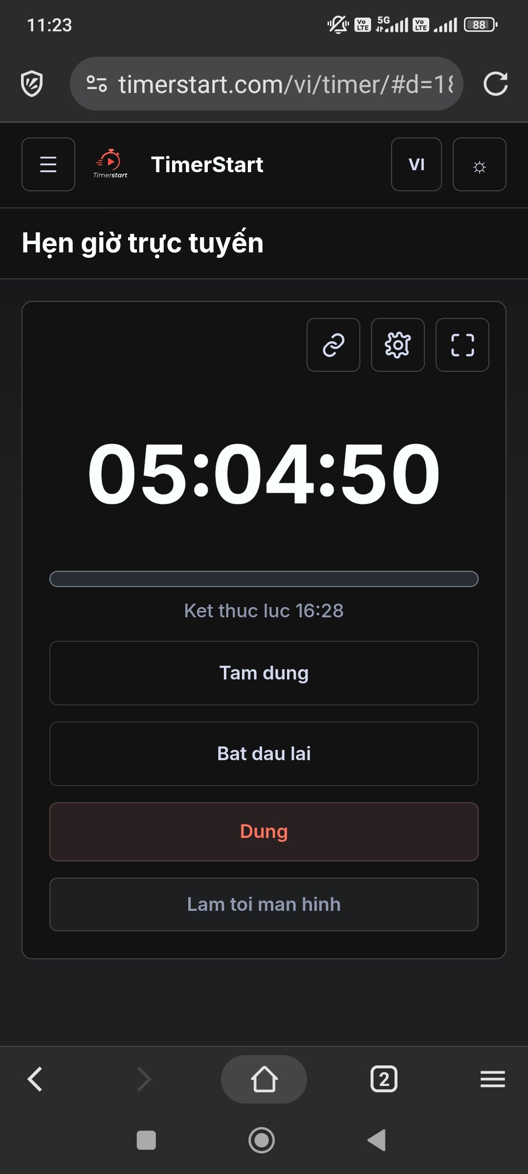 Hẹn giờ vẫn chạy sau đó vài giây: 05:04:50, đường dẫn hẹn giờ hiện trên thanh địa chỉ.