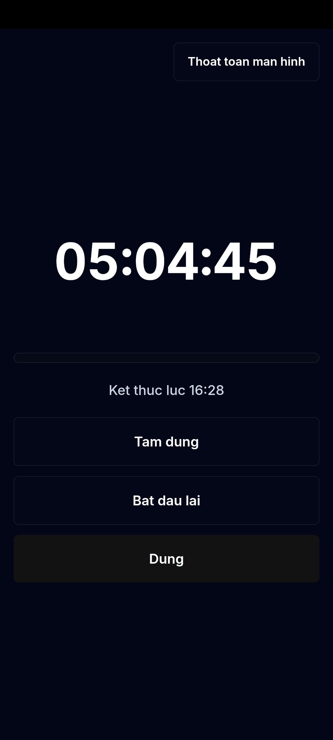 Hẹn giờ toàn màn hình: 05:04:45, có nút Thoát toàn màn hình.