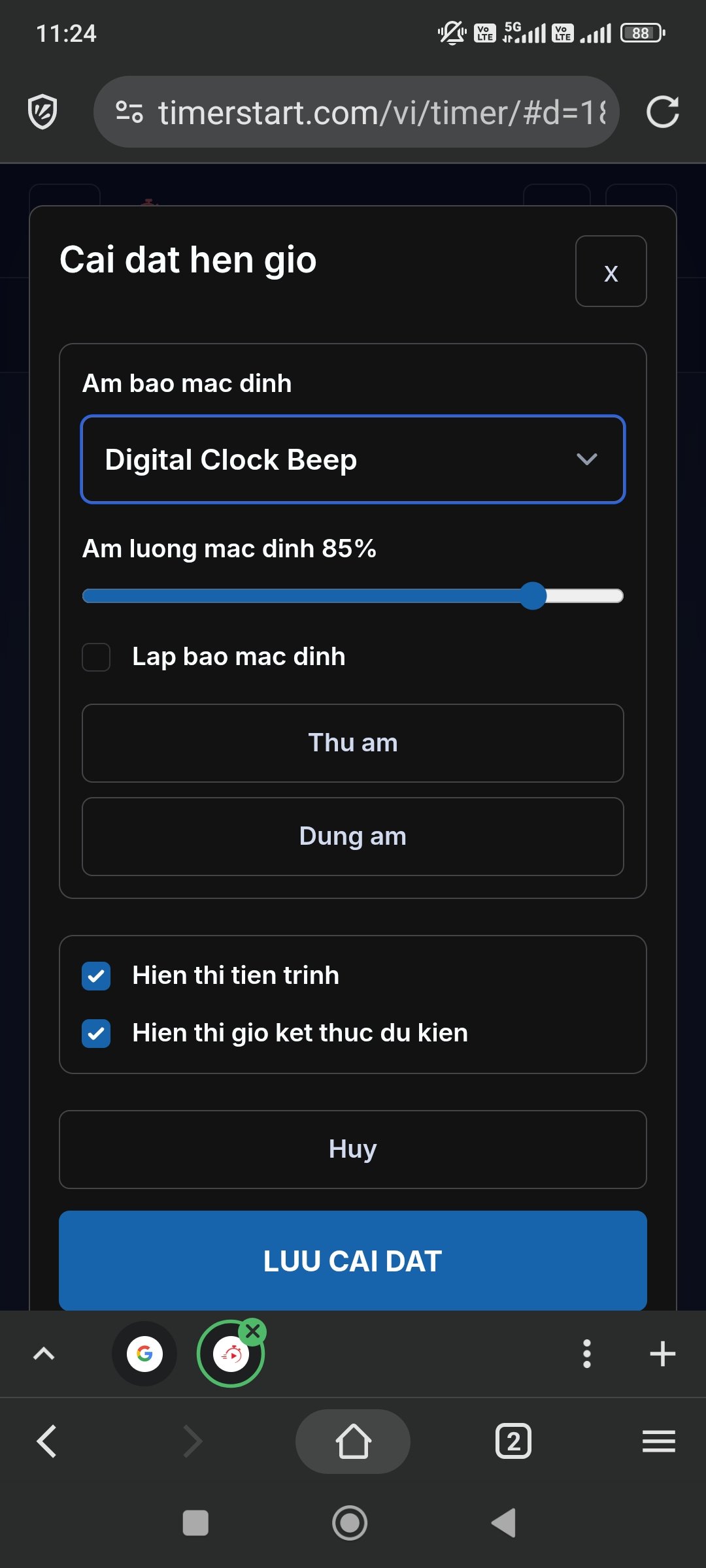 Hộp thoại Cài đặt hẹn giờ: âm báo mặc định, âm lượng mặc định 85%, lặp báo mặc định, hiển thị tiến trình, hiển thị giờ kết thúc dự kiến, nút Hủy và Lưu cài đặt.