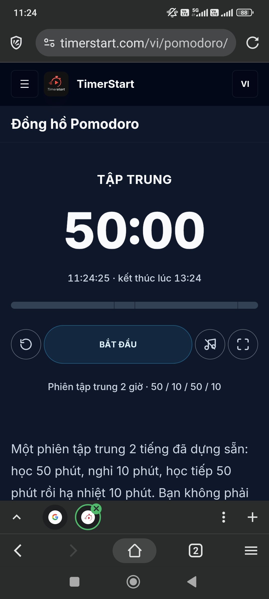 Pomodoro, trạng thái sẵn sàng: 50:00, nút Bắt đầu, kết thúc lúc 13:24.
