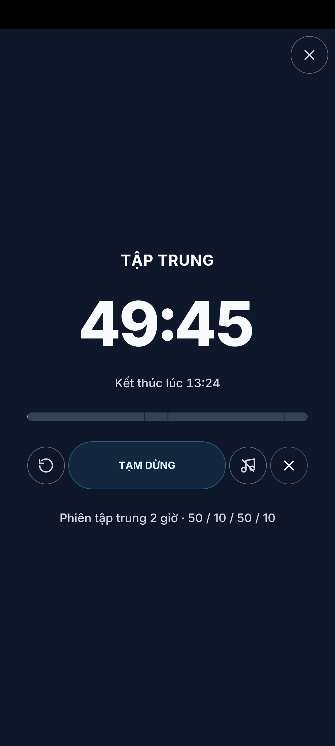Pomodoro toàn màn hình đang chạy: 49:45, nút Tạm dừng.