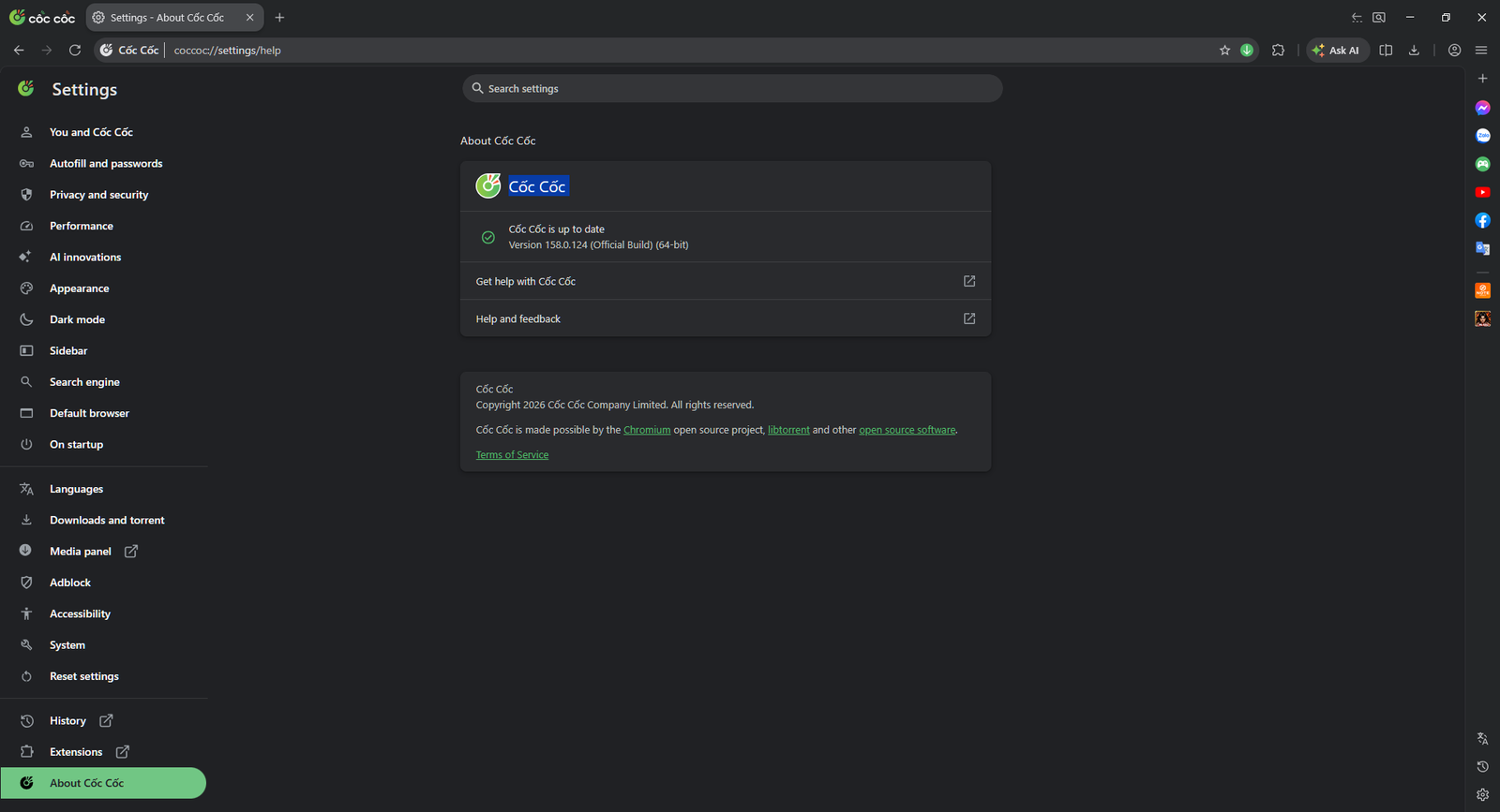 Máy tính: trang Giới thiệu Cốc Cốc (coccoc://settings/help) ghi “Cốc Cốc is up to date”, phiên bản 158.0.124 (Official Build) (64-bit).