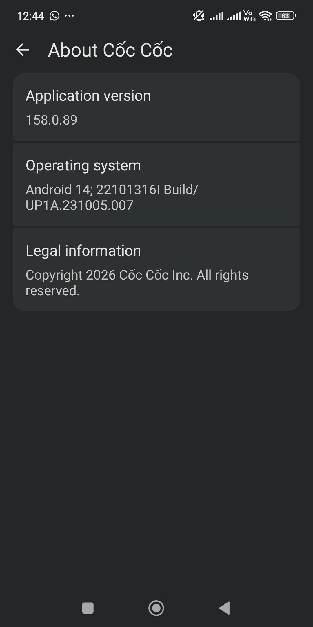 Điện thoại: trang About Cốc Cốc ghi phiên bản ứng dụng 158.0.89, hệ điều hành Android 14 (bản dựng UP1A.231005.007).